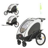 HOMCOM 3 in 1 Kinderanhänger Aluminium Kinder Jogger Fahrradanhänger Radanhänger für 2 kinder mit Fahne Weiß+Schwarz