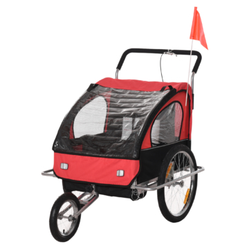 HOMCOM Kinderanhänger Fahrradanhänger Kinder Radanhänger für 2 Kinder mit Fahne Regenschutz atmungsaktiv Rot-Schwarz Stahl 142 x 85 x 105 cm