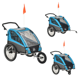 HOMCOM 3 in 1 Kinderanhänger  Aluminium Kinder Jogger Fahrradanhänger Radanhänger für 2 Kinder mit Schwingungsdämpfungssystem Aufbewahrungstasche verstellbarer Lenker Blau