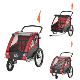 HOMCOM 3 in 1 Kinderanhänger  Aluminium Kinder Jogger Fahrradanhänger Radanhänger für 2 Kinder mit Schwingungsdämpfungssystem Aufbewahrungstasche verstellbarer Lenker Rot