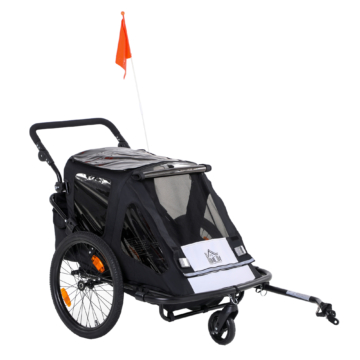 HOMCOM Kinderanhänger Fahrradanhänger mit Aufbewahrungstasche Kinderwagen mit Mesh-Tür Fahne klappbarer Kinderanhänger 2 in 1 Design Metall Oxford Schwarz 160 x 83 x 96 cm