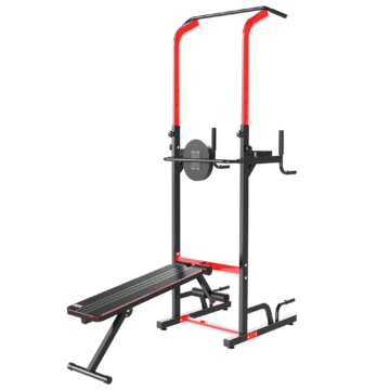 HOMCOM Power Tower Dip Station Büro Fitnesscenter multifunktionale Kraftstation höhenverstellbar täglich Training klappbar Rückenbrett Stahl PP PVC Schwarz+Rot 94 x 174 x 180-230 cm