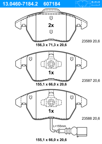 Bremsbelagsatz, Scheibenbremse | ATE, Anzahl Verschleißanzeiger: 1 pro Achse, Bremssystem: ATE Dicke/Stärke: 20,6 mm