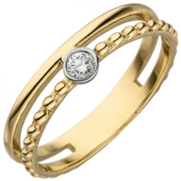 Damen Ring 2-reihig 585 Gold Gelbgold 1 Diamant Brillant 0,07ct. Diamantring (Ringgröße 56)