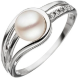 Damen Ring 585 Gold Weißgold 1 Süßwasser Perle 5 Diamanten Brillanten Goldring (Ringgröße 58)
