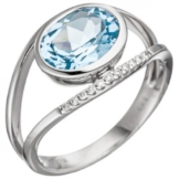 Damen Ring 585 Weißgold 11 Diamanten Brillanten 1 Blautopas hellblau blau (Ringgröße 58)