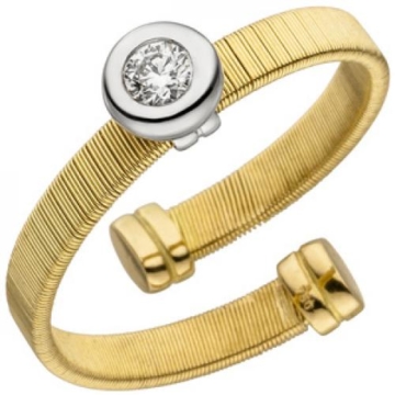 Damen Ring offen 750 Gelbgold Weißgold bicolor matt 1 Diamant Brillant (Ringgröße 58)