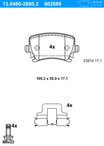 Bremsbelagsatz, Scheibenbremse | ATE, Abmessungen beachten, Artikelnummer des empfohlenen Zubehörs: 13.0460-0035.2 Breite: 105,3 mm