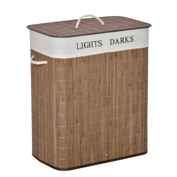 HOMCOM 100L Wäschekorb Wäschesammler Wäschebox mit 3 Griffe und waschbarem Wäschesack abnehmbar Bambus Baumwolle Metall Braun+Weiß 52x32x63cm