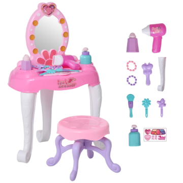 HOMCOM Kinderschminktisch Frisiertisch mit Hocker 7 Musikstücke Licht Mädchen Kosmetik Spiegel Rosa 36 x 20 x 59,5 cm
