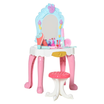 HOMCOM 20 tlg. Kinderschminktisch mit Hocker Haartrockner Frisiertisch Musik Licht Spielzeug für 3-6 Jahren Kinder Kunststoff Rosa+Blau 41 x 27 x 82cm