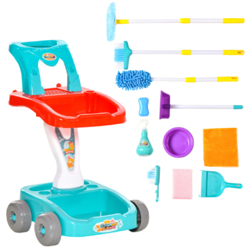 HOMCOM Reinigungswagen Besenwagen Putzwagen mit Zubehör 22 Stück Haushaltsspielzeug für Kinder von 3 bis 6 Jahren ABS PP-Kunststoff Grün+Rot+Weiß