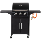 Outsunny Gasgrill BBQ mit 3 Brennern je 3 kw mobiler Grillwagen mit 4 Rädern Grillnetz Seitentischen Druckminderer Schläuche  Stahl 121 x 55 x 109cm