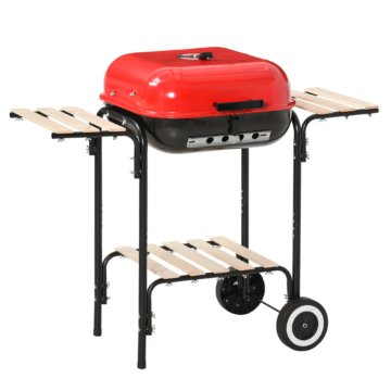 Outsunny Kohlegrill Grillwagen Grillstation Standgrill mit Windschutz 3 x Ablagefach Metall Rot 98 x 49 x 81 cm