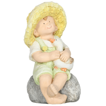 Outsunny Gartenstatue "Kleiner Junge mit Strohhut", 43 cm Wetterbeständiges Gartenfigur, Outdoor-Ornament, Gartendeko, Skulptur für Heimdekoration