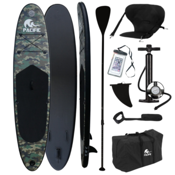 Pacific Special Edition Sup Board - Camouflage - INKL. Stuhl und KOSTENLOSE wasserdichte Handytasche - Extra stabil - 305 cm - 8 Teile - bis zu 100 kg - aufblasbar