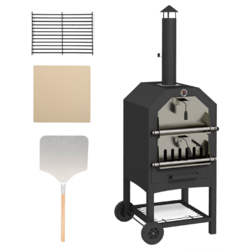 Outsunny 2-in-1 Pizzaofen, Outdoor Grillofen mit Pizzastein, Aschefach, 2 Grillrost, Holzbackofen mit Rollen, Thermometer, für Garten, Schwarz