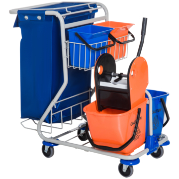 HOMCOM Putzwagen Reinigungswagen 4 Fahreimer Wischwagen Systemwagen mit Rollen Blau Orange 100 x 70 x 103 cm