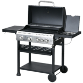 Outsunny Gasgrill 2,5 kW Grillwagen mit 4+1 Brenner, Thermometer, BBQ Grill mit Rollen, Seitenablage, Haken, Regal, Campinggrill Schwarz