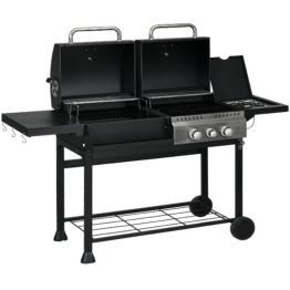 Outsunny Gasgrillwagen mit 2+1 Brenner, Thermometer, 3kW, BBQ Holzkohlgrill, Regal, Seitenablage, Haken, Camping, Schwarz  Aosom.de