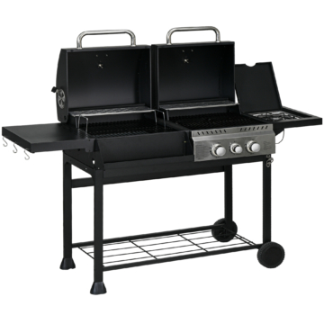 Outsunny Gasgrillwagen mit 2+1 Brenner, Thermometer, 3kW, BBQ Holzkohlgrill, Regal, Seitenablage, Haken, Camping, Schwarz  Aosom.de