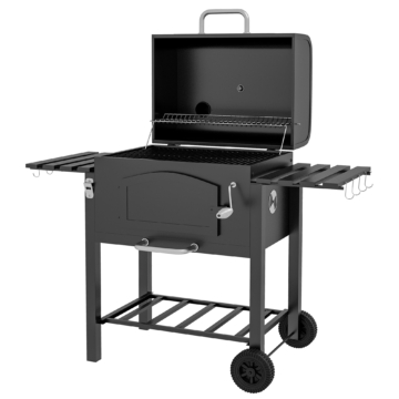 Outsunny Holzkohlegrill BBQ Gartengrill mit Deckel, Ablagen, Smoker, Warmhalteplatte, Regale, Transportrollen, Metall Aosom.de