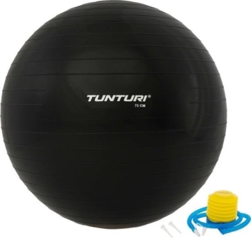 Tunturi Fitnessball - Yogaball mit Pumpe - Pilatesball - Schwangerschaftsball - 75 cm - Farbe: schwarz - Inkl. kostenloser Fitness-App