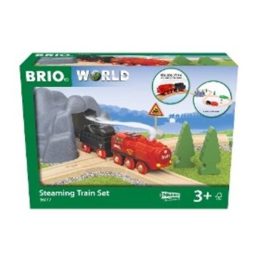 BRIO World 36017 Batterie-Dampflok Set - Aus dem Schornstein der Lokomotive strömt während der Fahrt kalter Wasserdampf - Klassisches Bahn-Acht Layout inklusive Bergtunnel