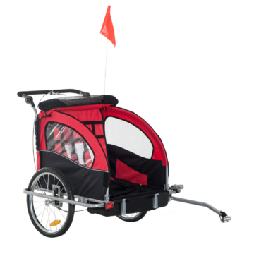 HOMCOM Kinderanhänger Fahrradanhänger für 2 Kinder mit Fahne und Regenschutz, einklappbar aus Oxfordgewebe, Rot, 155 x 88 x 108 cm   Aosom.de