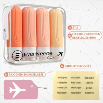 EverNeeds Reiseflaschen mit Beutel - Nachfüllbar - Silikon-Reiseflaschen Handgepäck - Rosa - 4 Stück