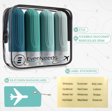 EverNeeds Reiseflaschen mit Etui - Nachfüllbar - Silikon-Reiseflaschen Handgepäck - Minze - 4 Stück