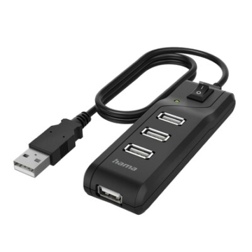 Hama 00200118 USB-Hub, 4 Ports, USB 2.0, 480 Mbit/s, Schwarz mit Einschalter