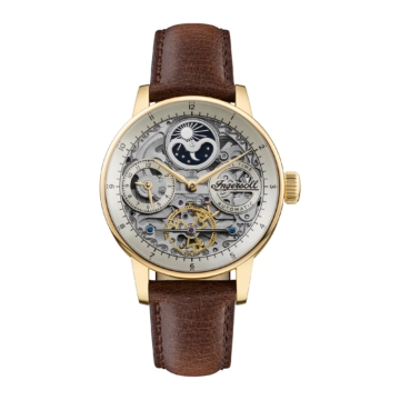 Ingersoll The Jazz 42 mm Automatik-Mondphasenuhr für Herren mit hellgoldenem Skeleton-Zifferblatt und Braunem Echtlederarmband I07704