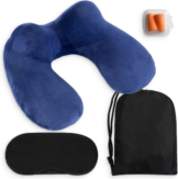 Aufblasbares Nackenkissen Set 3 in 1 mit Aufbewahrungsbeutel - Flugzeugkissen - Reisekissen - Samt - U-Form - Inklusive Schlafmaske und Ohrstöpsel - Blau