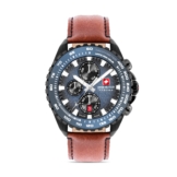 STONE MARTEN Herren Armbanduhr Chronograph Leder Blau Braun 44mm - Swiss Made