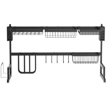 HOMCOM Abtropfgestell Geschirr, 2-stufiges Abtropfständer mit Haken, Abtropfschale, 52,5 cm Abtropfgitter Gestell für Küchenspüle, Stahl, Schwarz   Aosom