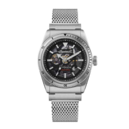 Ingersoll 1892 The Scovill für Herren 43 mm Automatikuhr mit schwarzem Skelett Zifferblatt und silberfarbenem Edelstahlband I13903