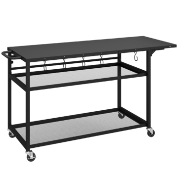 Outsunny Gartenwagen Grillwagen auf Rollen Kücheninsel mit klappbarer Seitenablage, drei Ablagen, Haken und Griff, 133 x 48,5 x 82 cm, Schwarz   Aosom