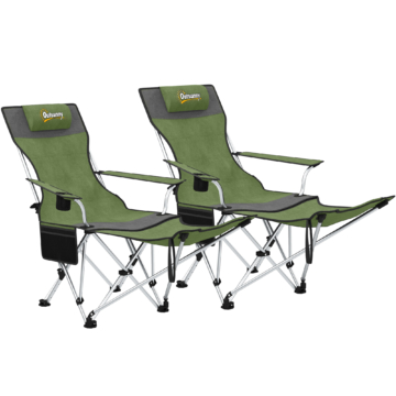 Outsunny Set 2 Klapp-Campingstühle mit abnehmbarer Fußstütze, Getränkehalter und Seitentasche, Gartenstühle aus Oxford-Gewebe und Metall, Belastbar bis 120 kg, 125x48x90 cm, Grün Aosom