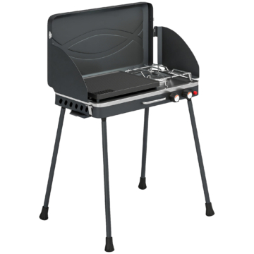 Outsunny Tragbarer Gasgrill 2 Brenner 7 kW 2-in-1 Tischgrill mit Braten klappbar Beine Grillrost Windschutz Deckel Verschluss Antihaftbeschichtung, Campinggrill Outdoor Tischgasgrill für BBQ Camping   Aosom