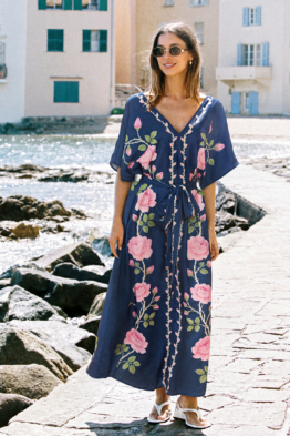 Blau geblümtes Maxikleid mit V-Ausschnitt