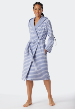 Schiesser Bademantel mit Kapuze Blau gestreift - Feather Terry für Damen, Größe 48/50, 80 % Baumwolle, 20 % Polyester