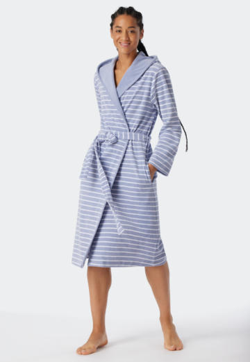 Schiesser Bademantel mit Kapuze Blau gestreift - Feather Terry für Damen, Größe 48/50, 80 % Baumwolle, 20 % Polyester
