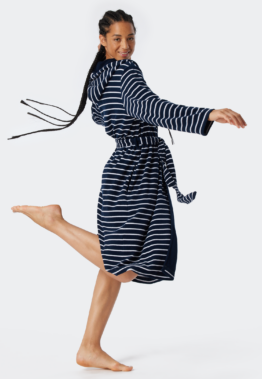 Schiesser Bademantel mit Kapuze Dunkelblau gestreift - Feather Terry für Damen, Größe 36/38, 80 % Baumwolle, 20 % Polyester