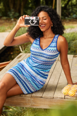 Blau Ärmelloses Mini-Strick-Strandkleid